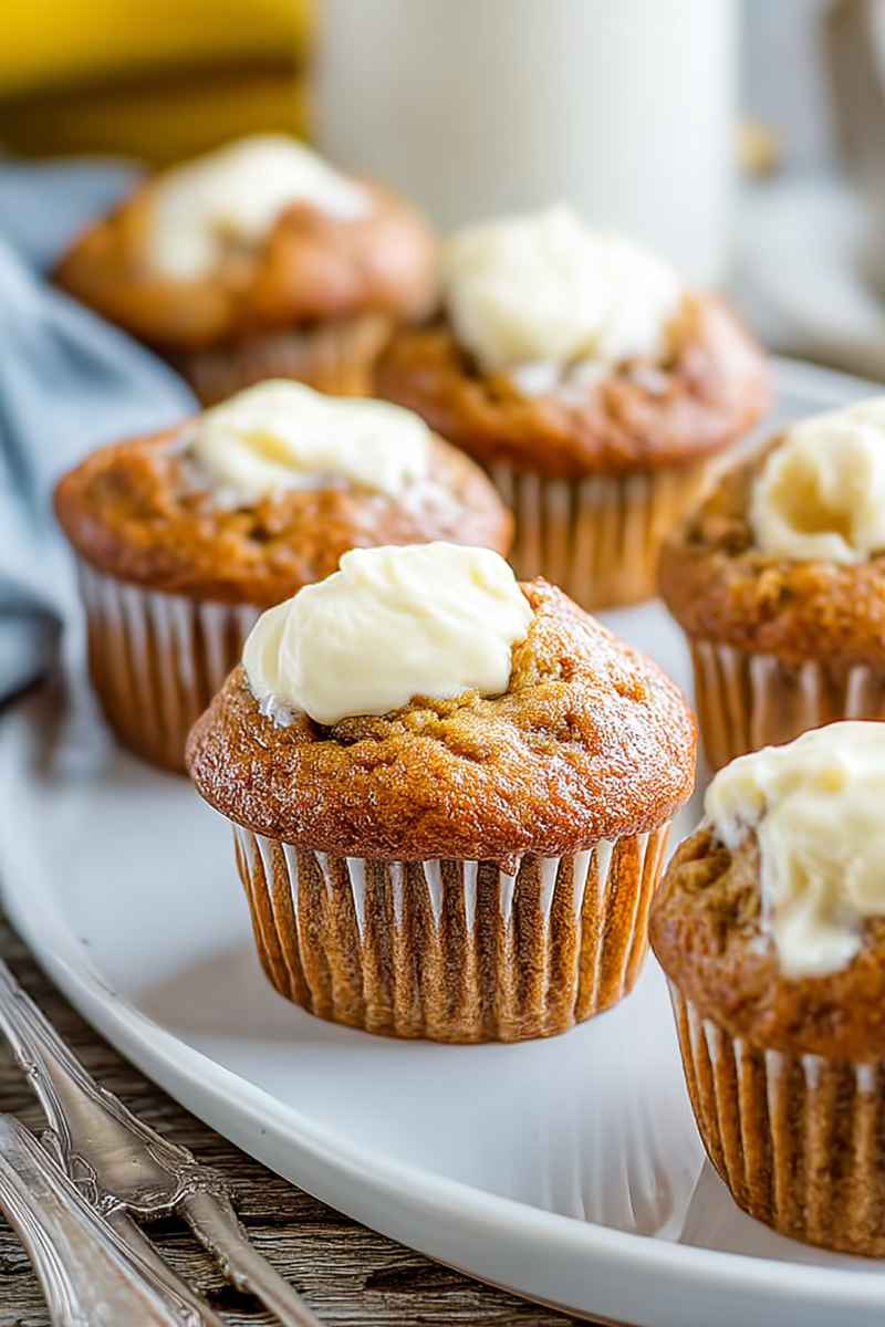 Golden-brown banana muffins topped with creamy white frosting, arranged on a white plate.