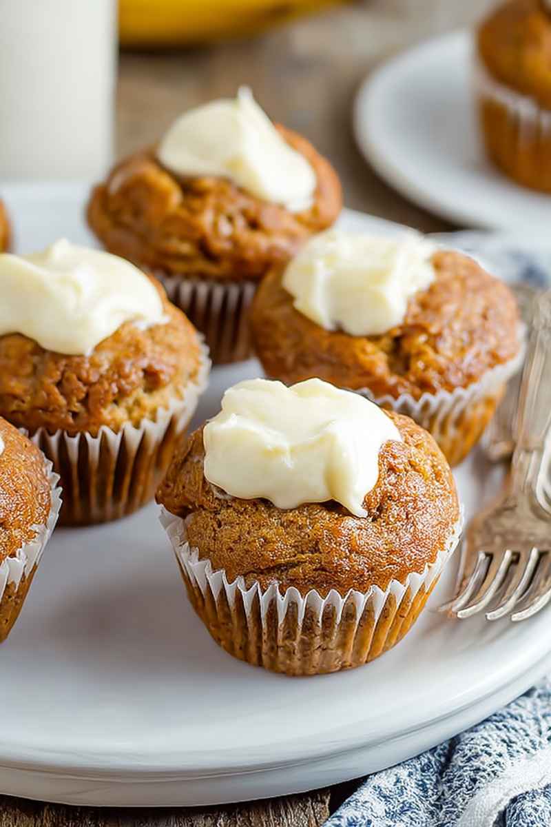 Delicious banana muffins with a dollop of cream cheese frosting, served on a white plate.
