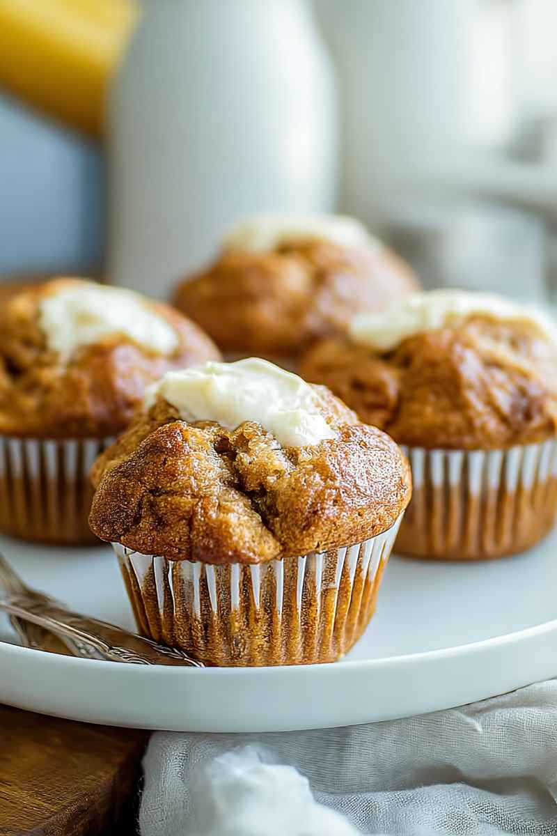 Golden banana muffins with cream cheese topping, displayed on a white plate.