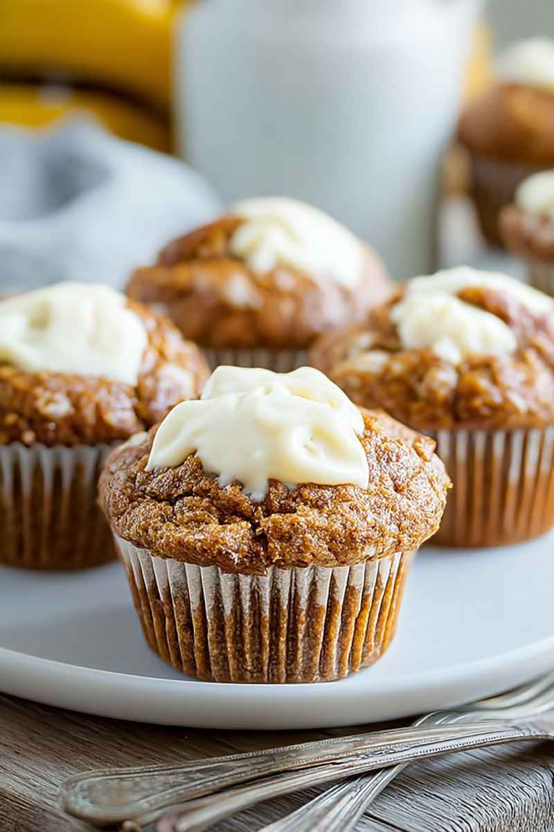 Golden banana muffins with cream cheese frosting, presented on a white plate.