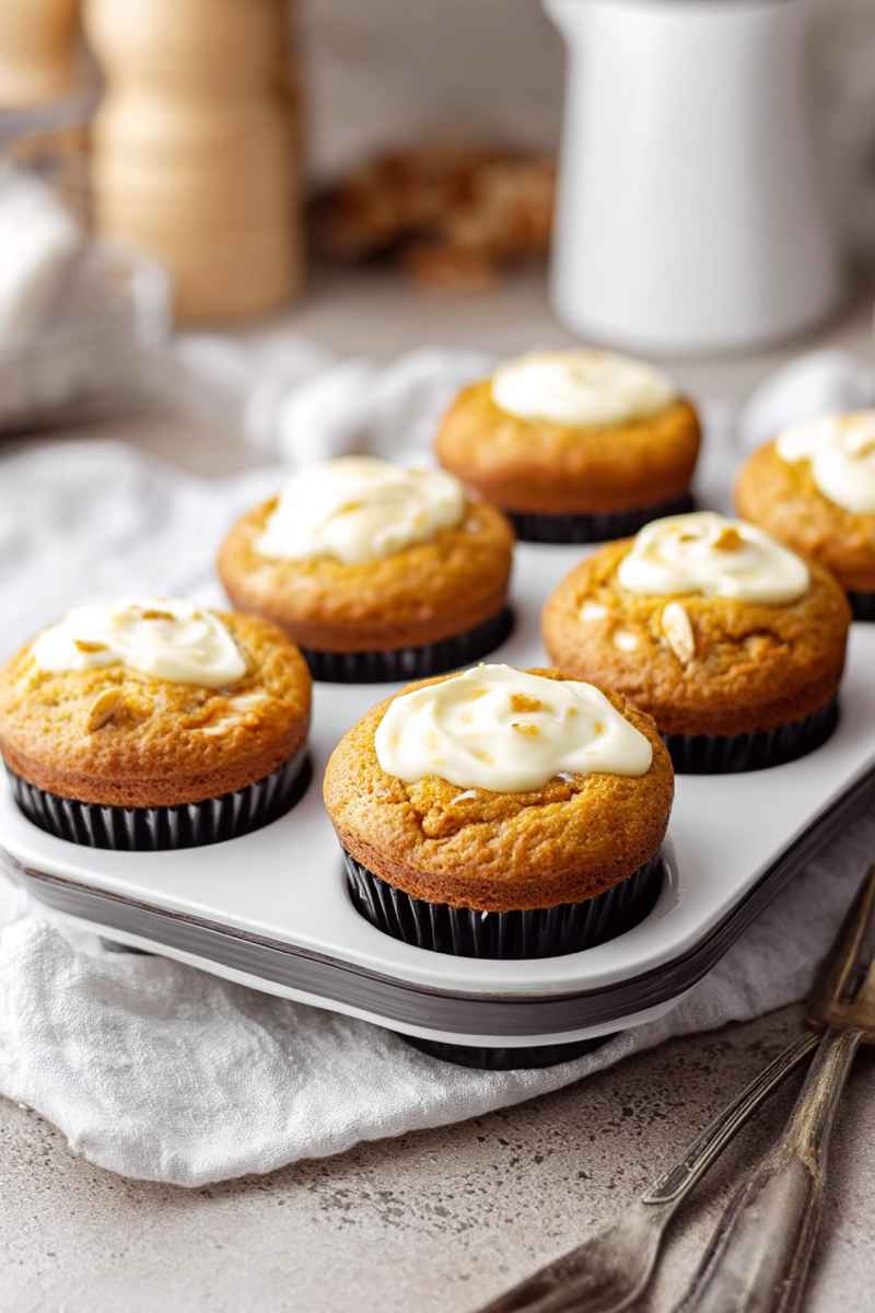 Golden-brown pumpkin muffins with creamy white frosting, arranged on a white tray.