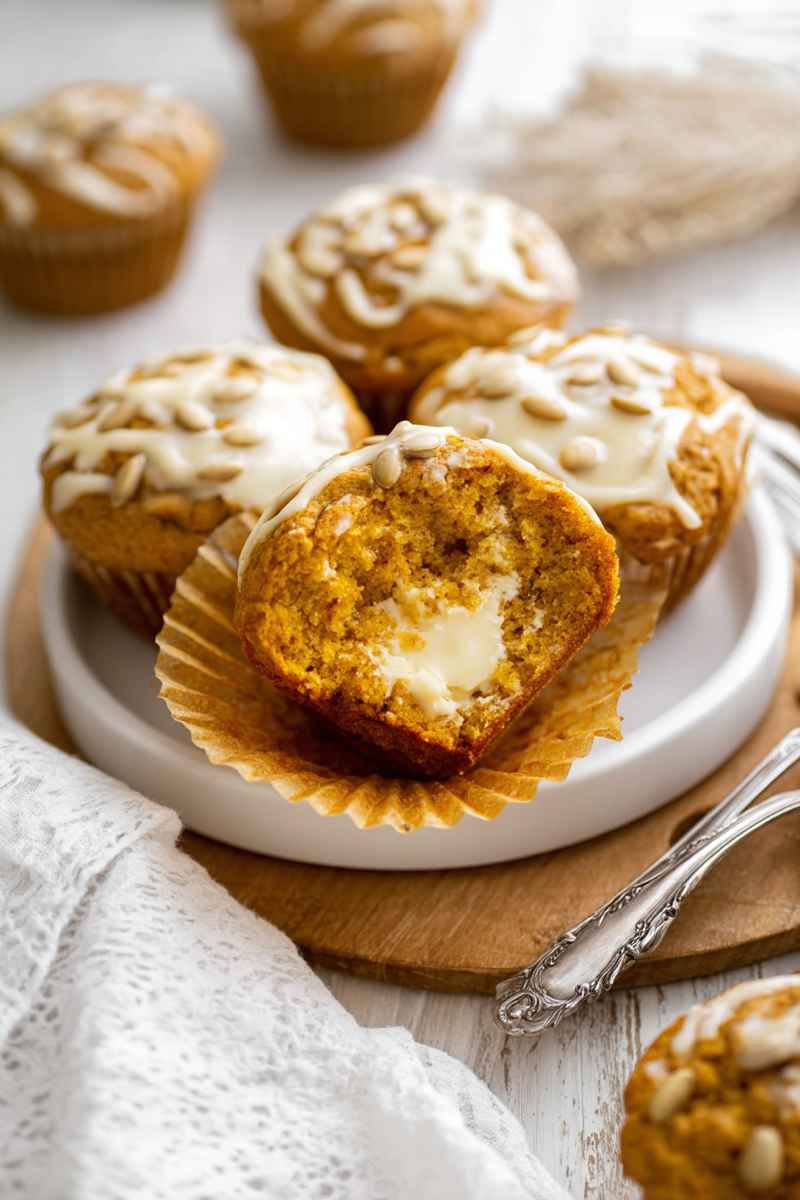 Pumpkin muffin cut in half, revealing a creamy white filling, surrounded by whole muffins.