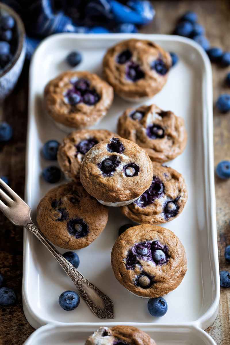 A plate of freshly baked blueberry muffins with vibrant blueberries scattered around, accompanied by a decorative fork.