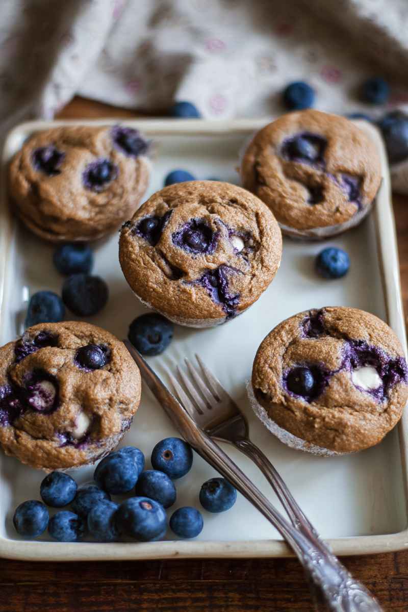 A close-up of blueberry muffins with cream cheese filling, arranged on a white tray with fresh blueberries and a decorative fork.