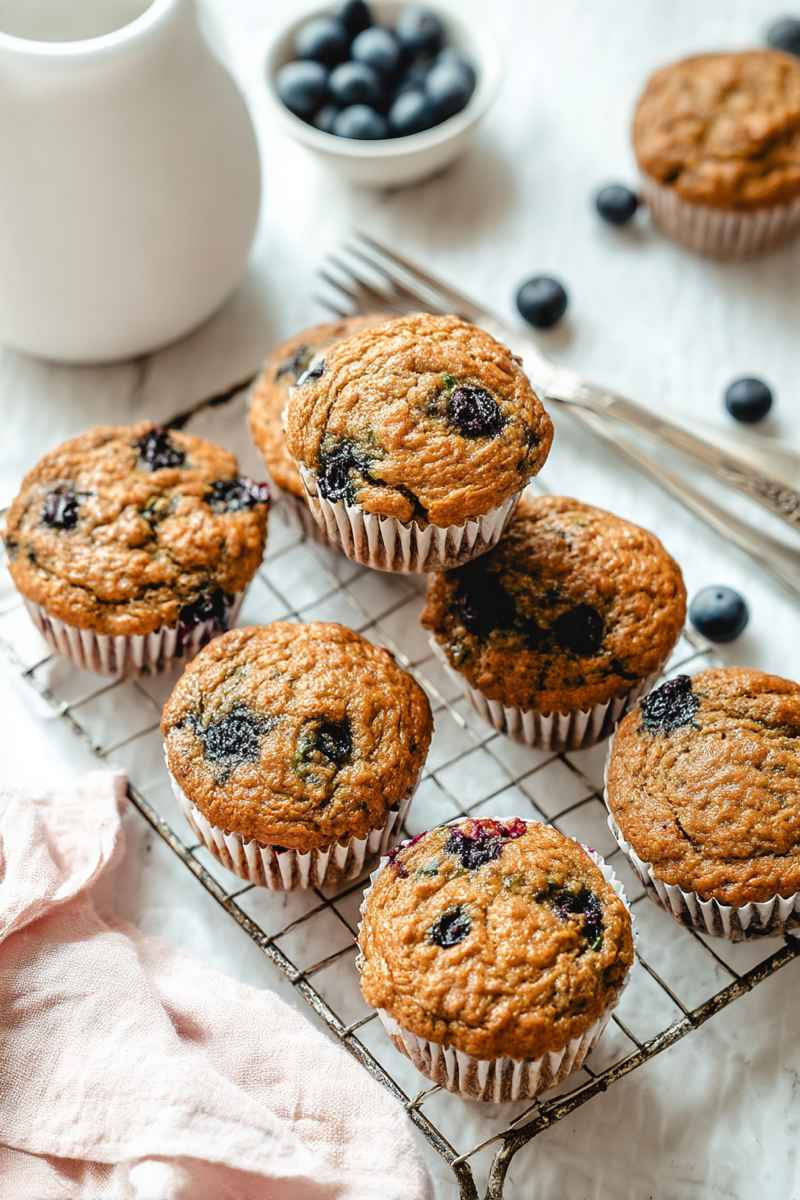 A cooling rack filled with freshly baked blueberry zucchini muffins, accompanied by a bowl of blueberries and a pink napkin.