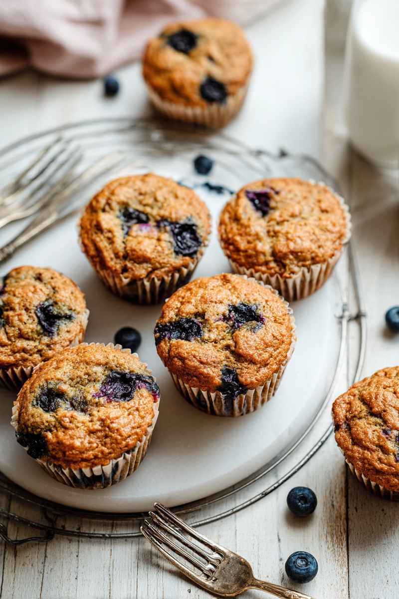 Golden-brown blueberry zucchini muffins with visible blueberries, arranged on a white plate atop a rustic wooden table, surrounded by scattered blueberries and a vintage fork.