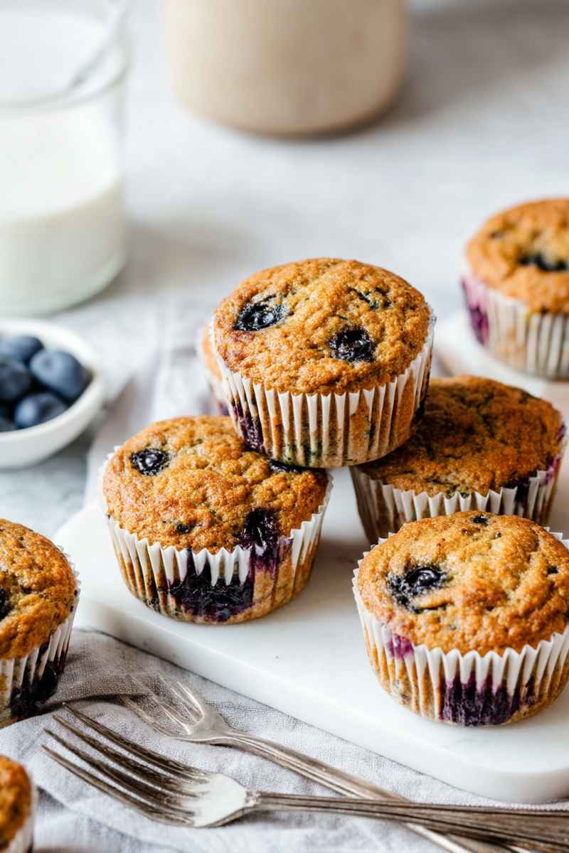 A stack of golden-brown blueberry zucchini muffins on a white marble tray, surrounded by fresh blueberries and a glass of milk.