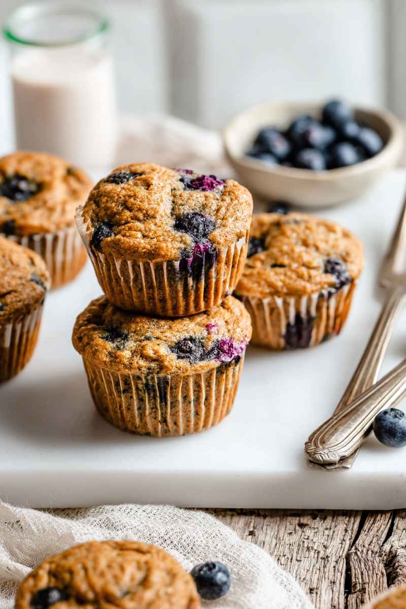 Golden-blueberry zucchini muffins stacked on a white marble board, with fresh blueberries and utensils nearby.
