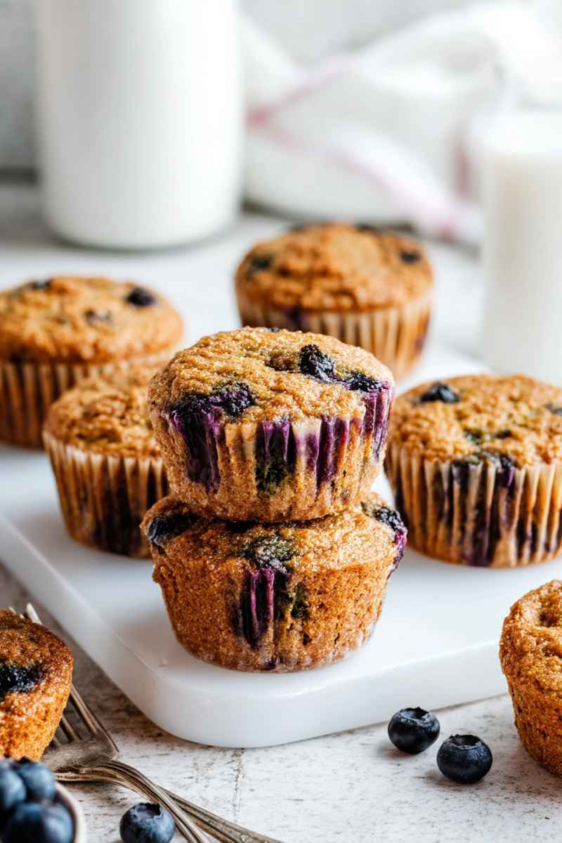 Stacked blueberry zucchini muffins on a white marble surface, surrounded by fresh blueberries and a cozy kitchen setting.