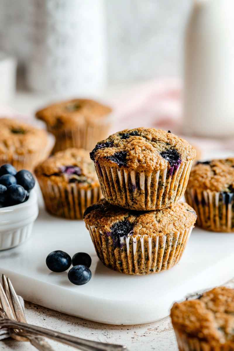 A close-up of blueberry zucchini muffins on a white marble tray, with fresh blueberries scattered around.
