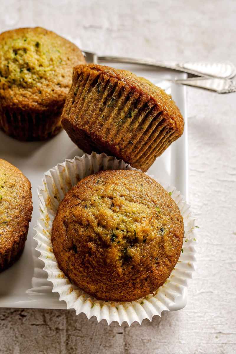 Golden brown zucchini muffins on a white plate, showcasing their moist texture and warm spices.
