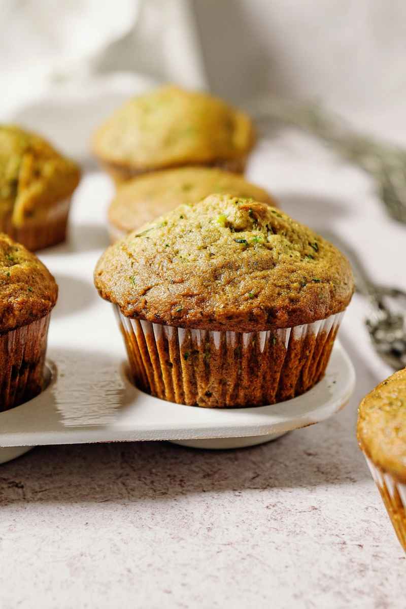 Zucchini muffins with a golden crust and visible cinnamon specks, arranged on a white plate.