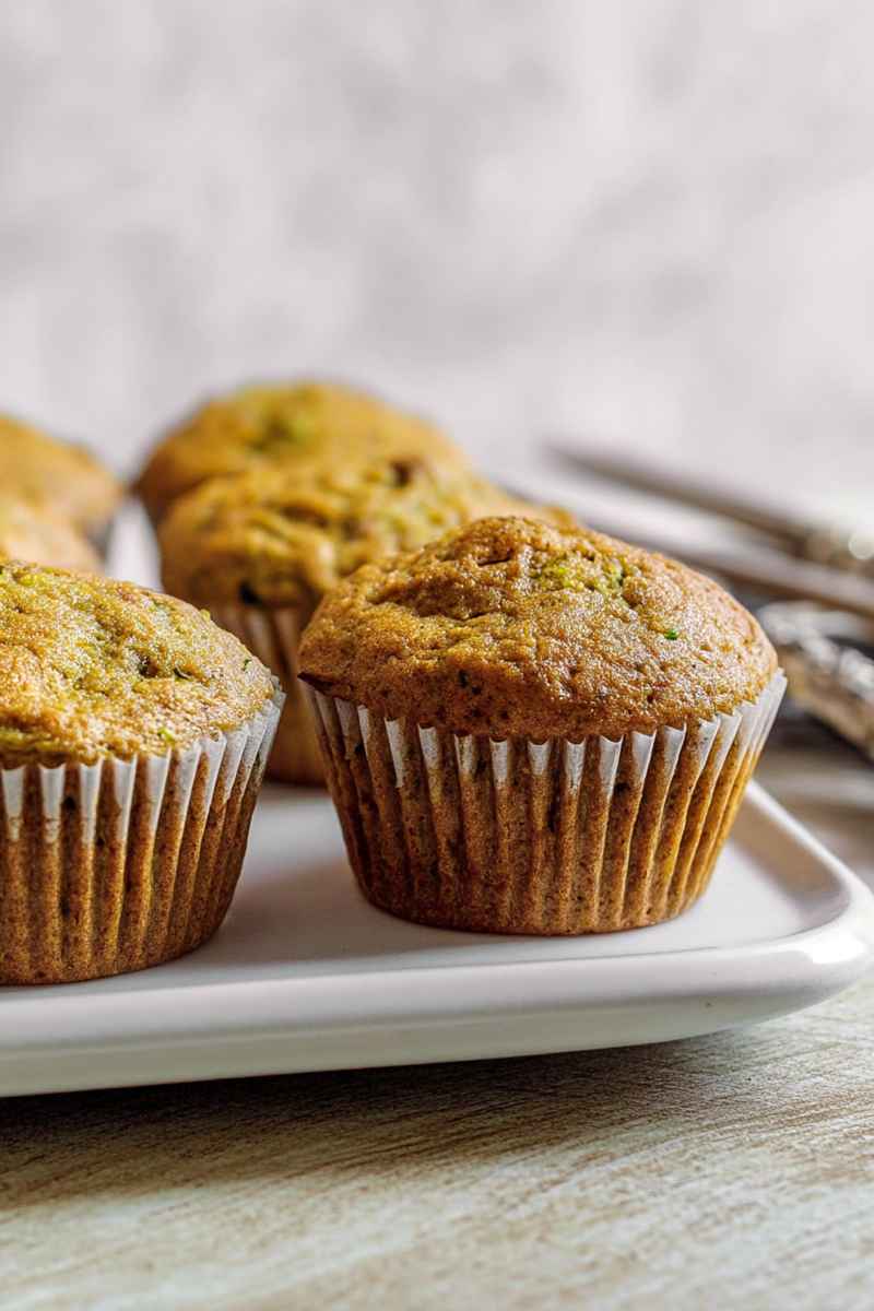 Brown sugar zucchini muffins with a golden-brown crust, placed on a white plate.