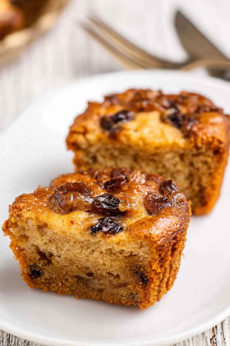 Close-up of two golden-brown butter tart muffins on a white plate, showcasing their tender crumb and gooey raisin filling.