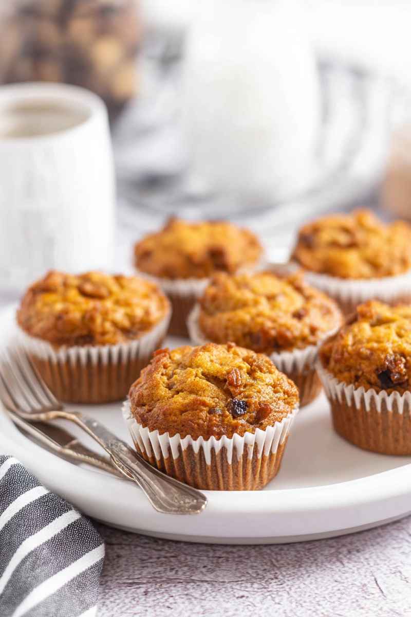 A plate of golden-brown butter tart muffins in white paper liners, ready to be enjoyed with a cup of coffee.