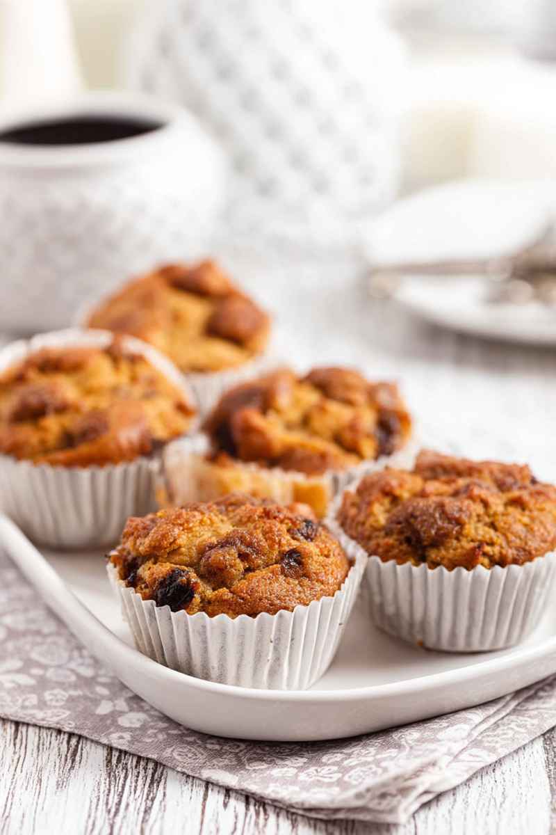 A plate of butter tart muffins set on a rustic wooden table, accompanied by a cup of coffee and a floral napkin.
