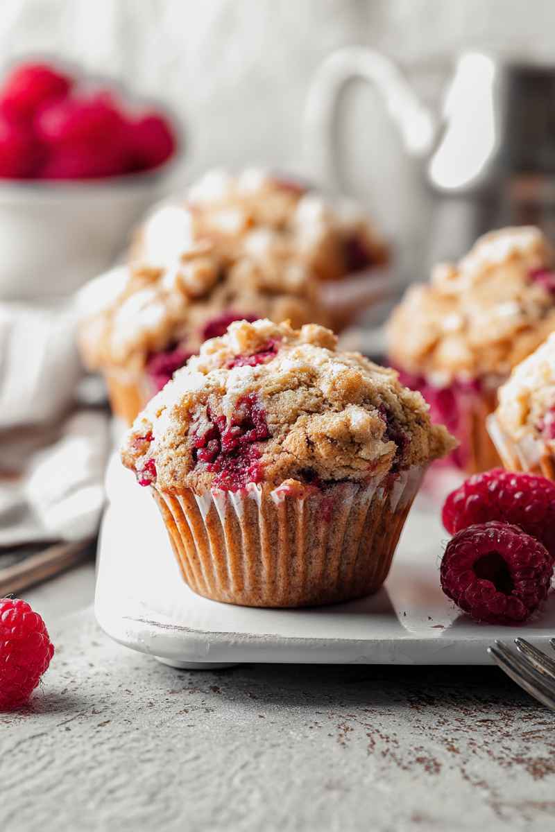 Plump raspberry muffins with a crumbly streusel topping, arranged on a white marble board.