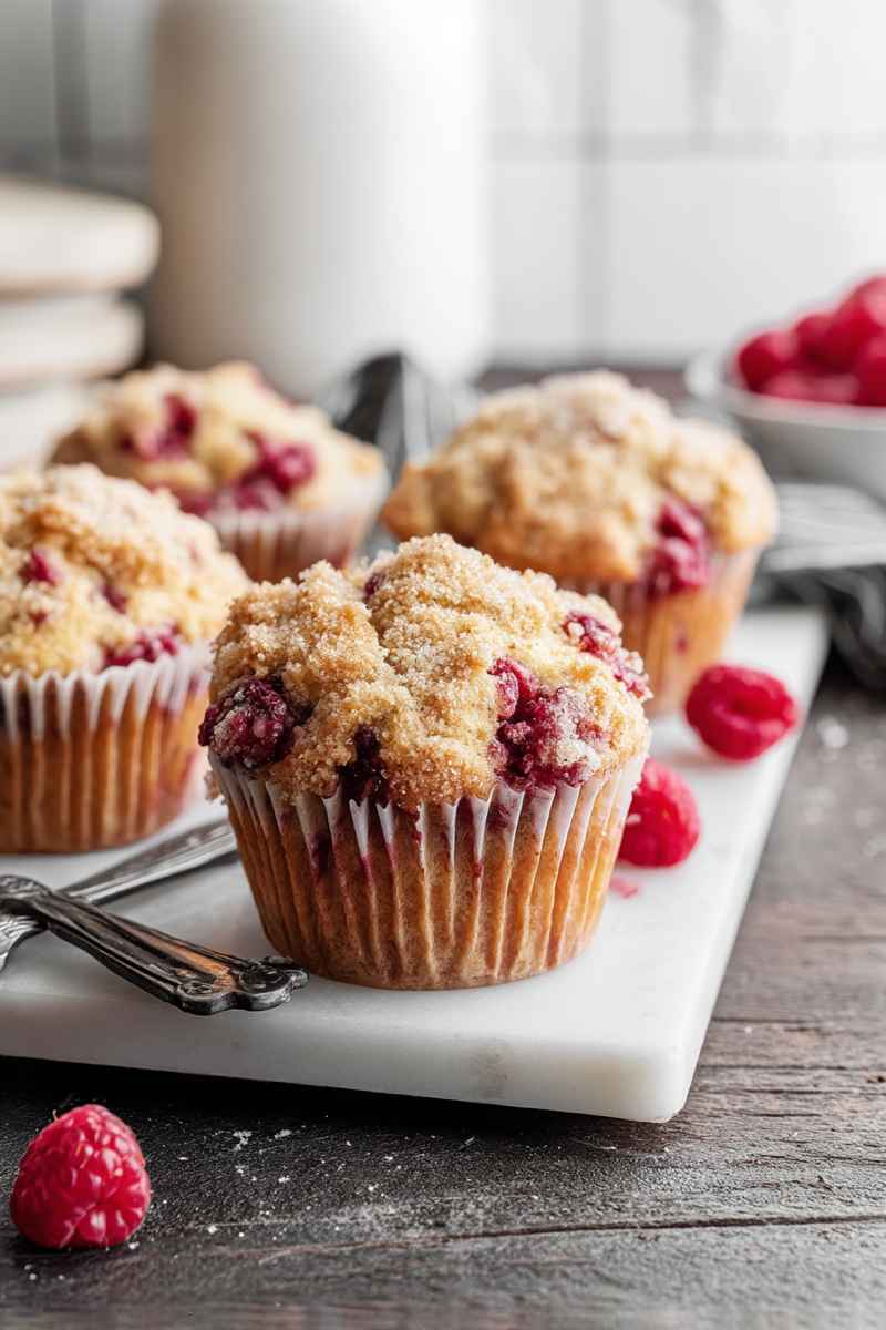 Golden raspberry muffins with a crumbly streusel topping, placed on a white marble tray with scattered fresh raspberries