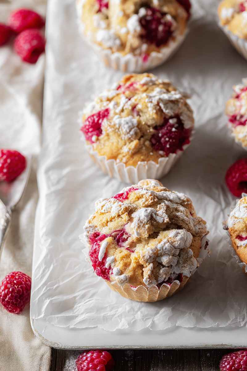 Golden raspberry muffins with powdered sugar sprinkled on top, surrounded by fresh raspberries on a white parchment-lined tray.
