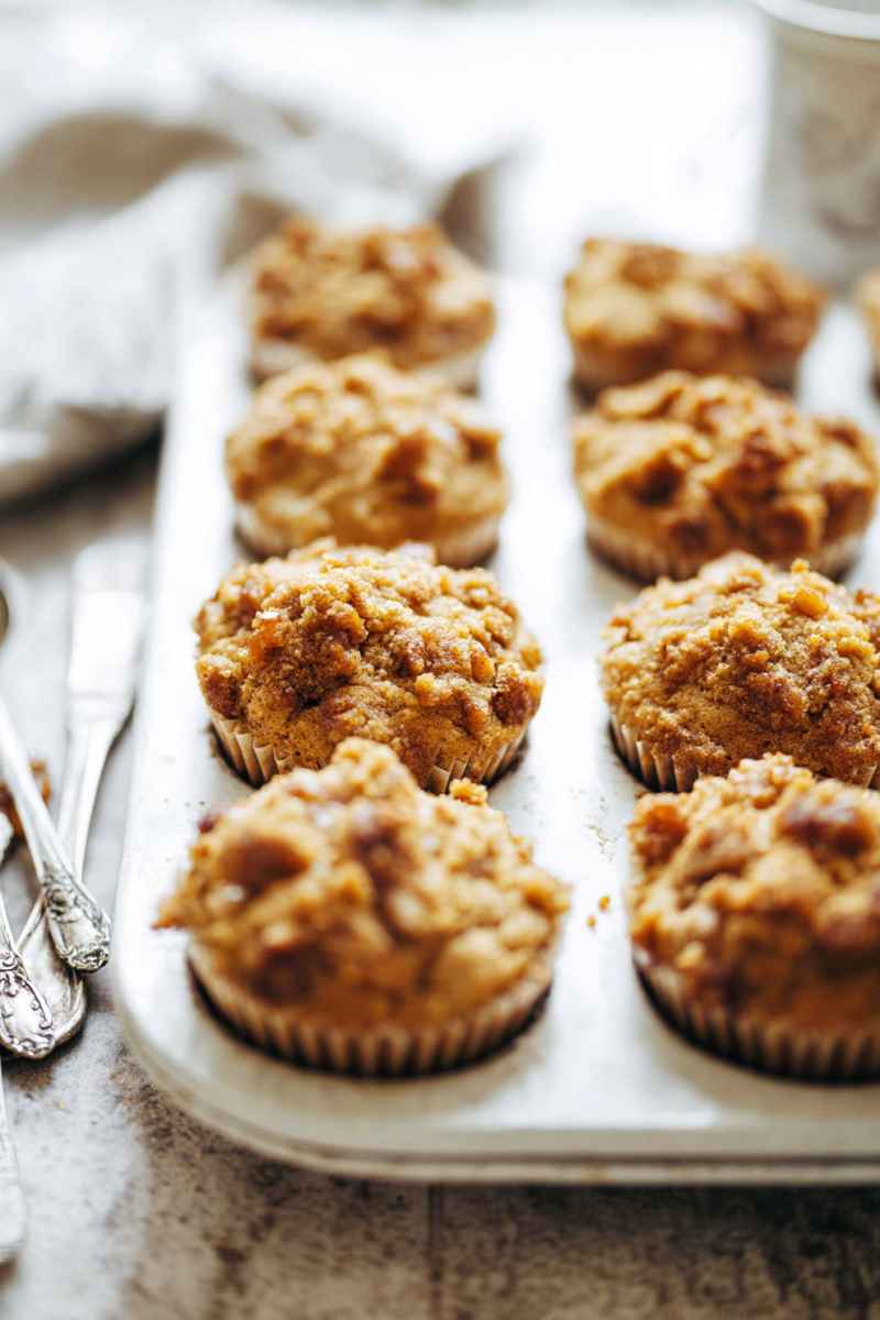 A tray of freshly baked caramel apple muffins with a golden-brown streusel topping, ready to be enjoyed.