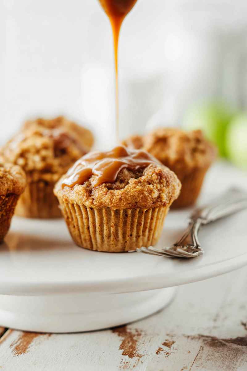 A close-up of caramel apple muffins with a glossy caramel drizzle cascading over the golden streusel topping.