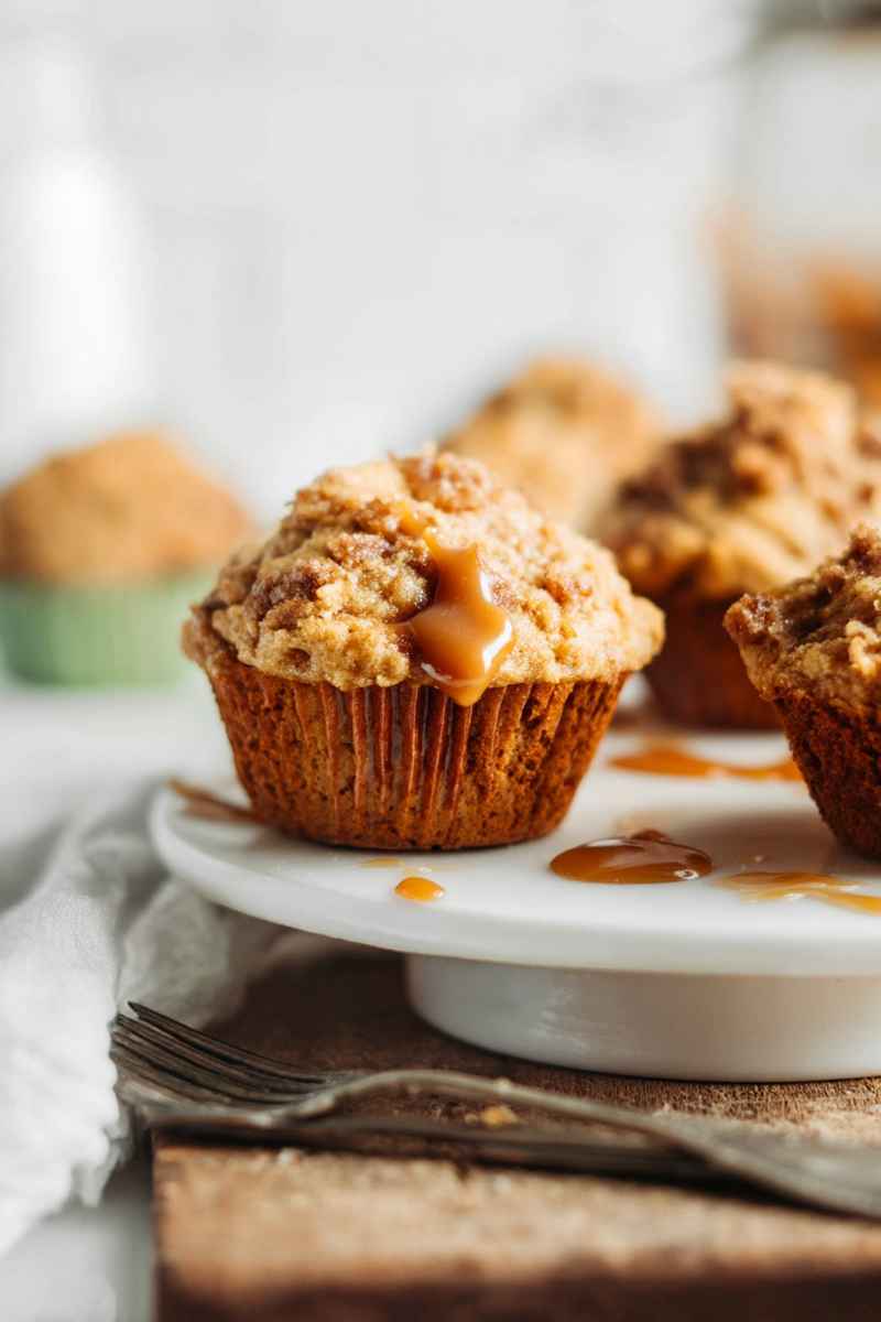 A close-up of a caramel apple muffin with a glossy caramel drizzle over the streusel topping.