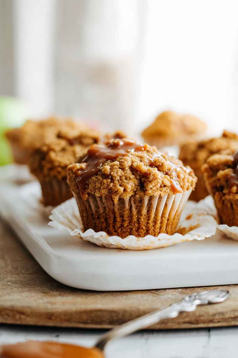 A caramel apple muffin on a white plate, showcasing its golden streusel topping and caramel glaze.