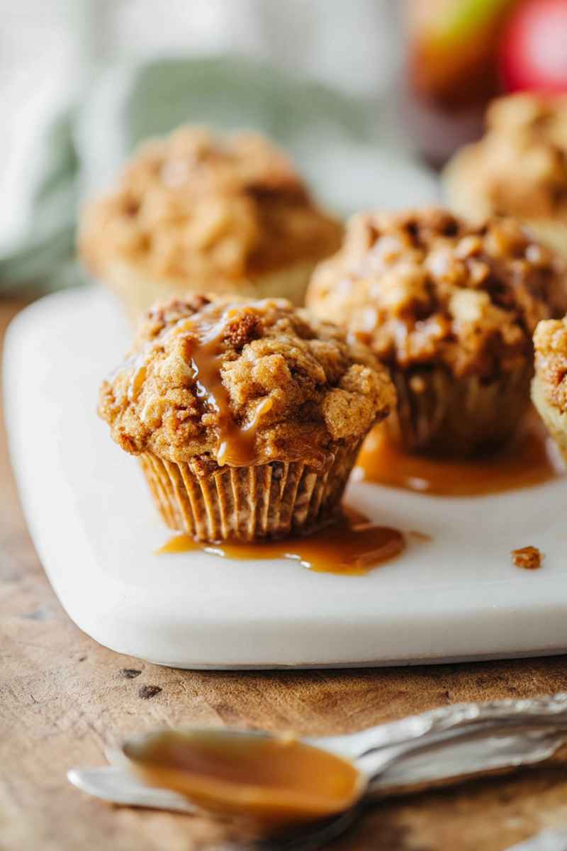 A plate of caramel apple muffins with a focus on the caramel sauce pooling around the base.