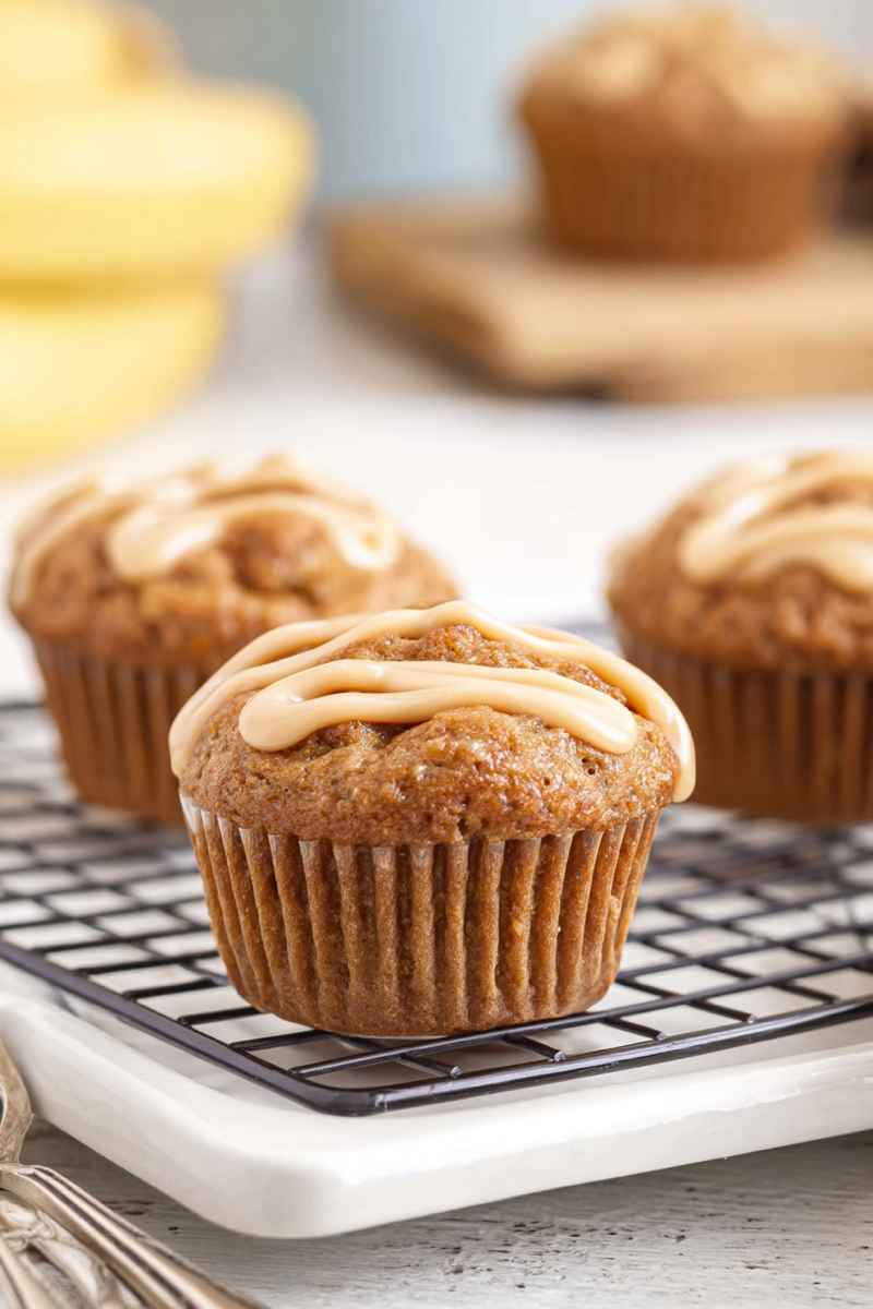 Golden-brown caramel banana muffins with a drizzle of creamy caramel icing on a cooling rack.