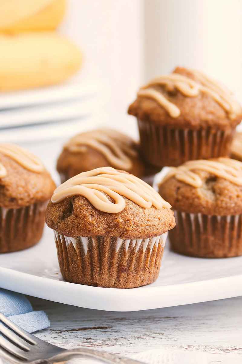 Rows of caramel banana muffins with a golden-brown crust and caramel drizzle on a white plate.