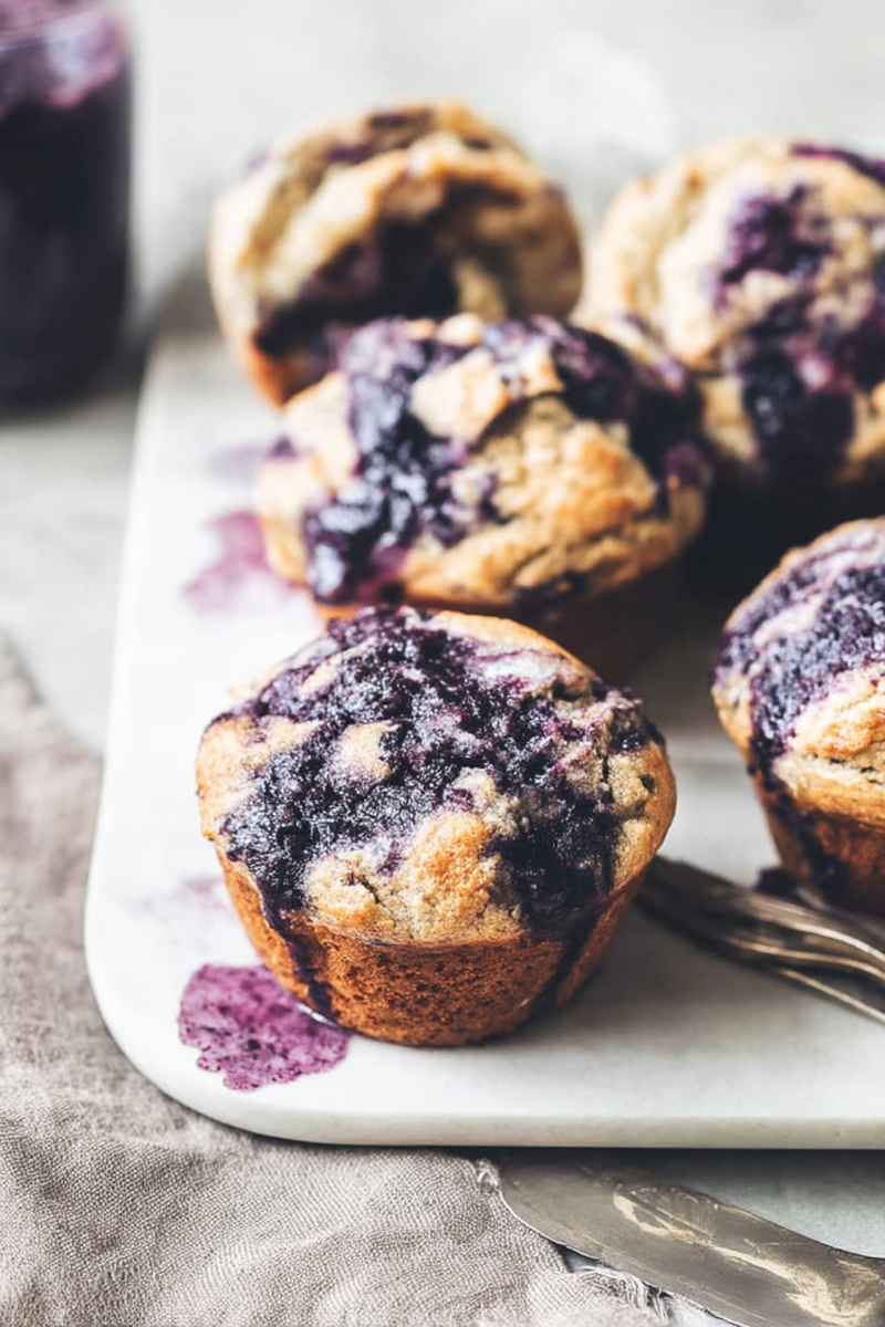 Cardamom-Spiced Blueberry Jam Muffins on a white tray, drizzled with a purple glaze and surrounded by rustic spoons.