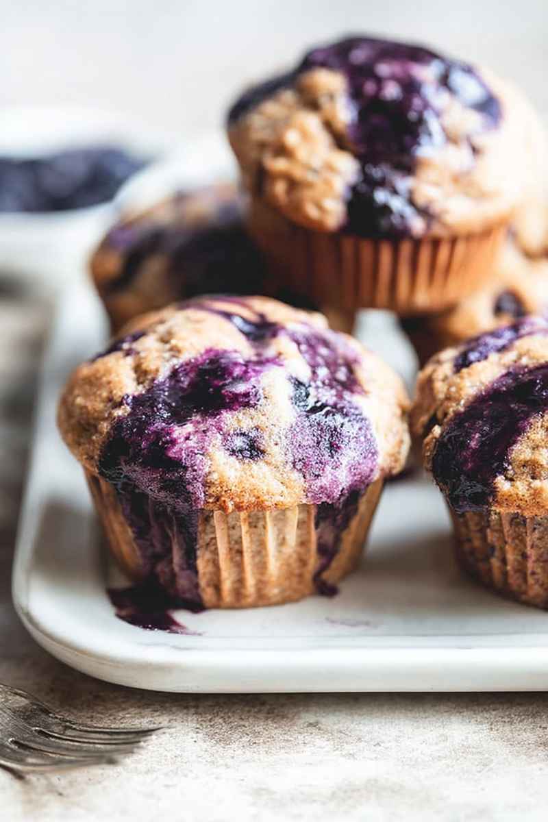 Cardamom-Spiced Blueberry Jam Muffins on a white tray, showcasing their golden-brown crust and vibrant purple glaze.