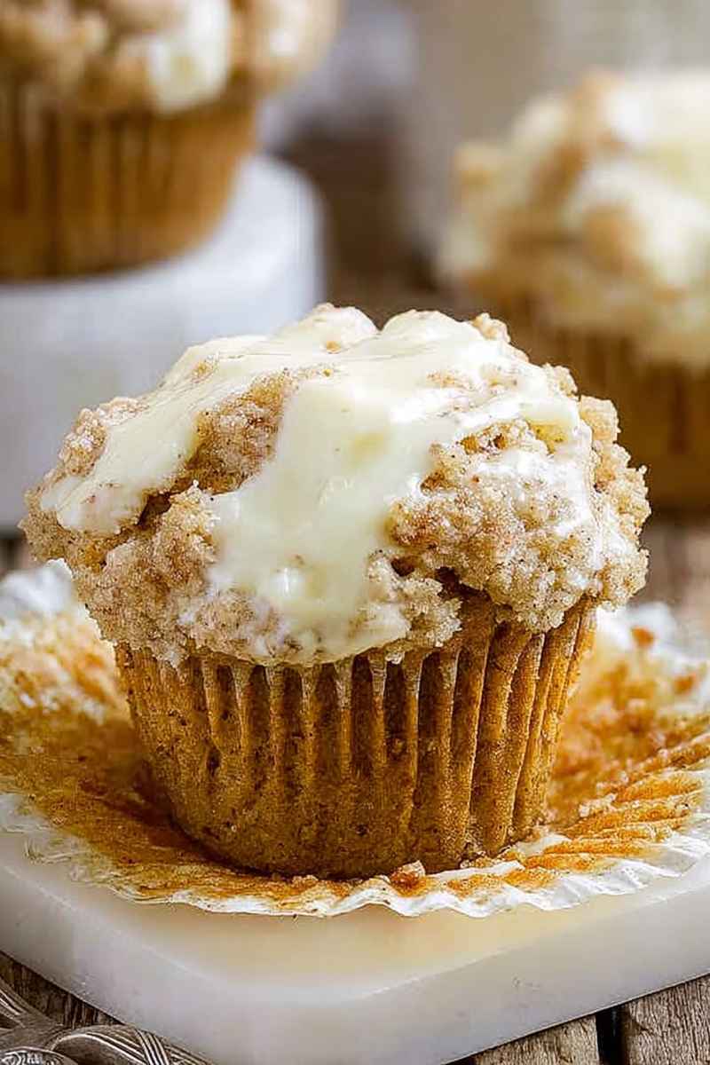 A close-up of a golden-brown carrot cake muffin topped with creamy white frosting and crumbly streusel, sitting on a white plate.