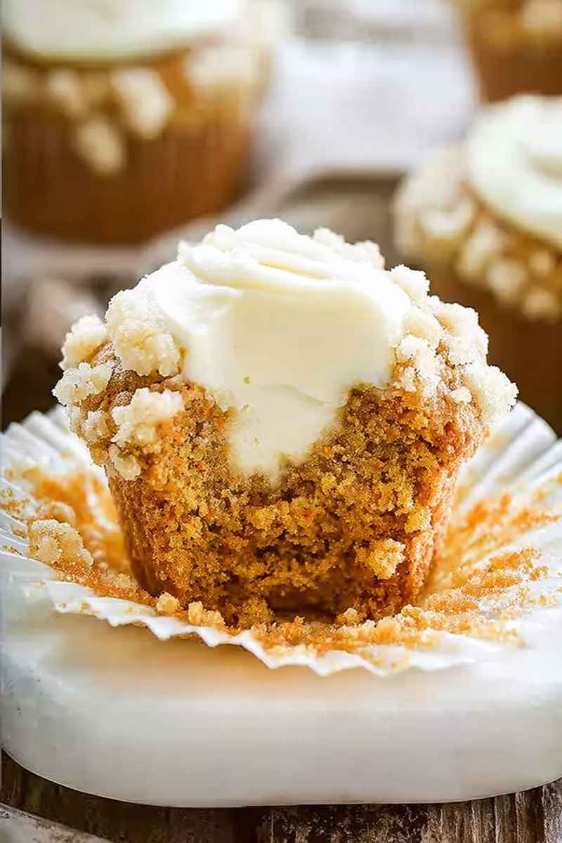 A partially eaten carrot cake muffin revealing a creamy cheesecake filling inside, surrounded by a crumbly streusel topping.