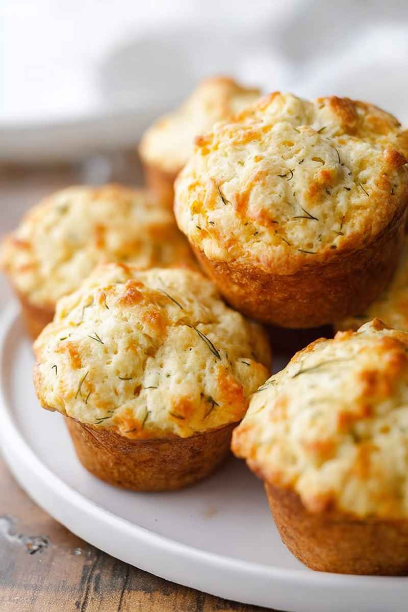 Fluffy Cheddar Dill Muffins topped with fresh herbs, served on a white plate.