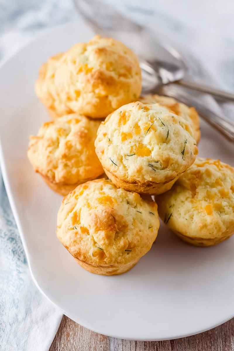 Baked Cheddar Dill Muffins with visible cheese shreds and fresh dill, served on a white plate.
