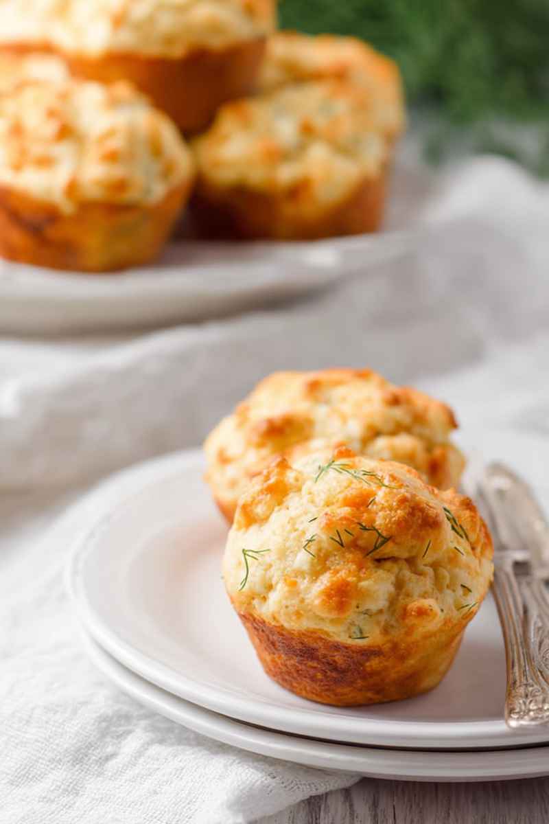 Fluffy Cheddar Dill Muffins topped with fresh dill, served on stacked white plates