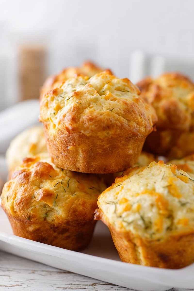 Baked Cheddar Dill Muffins stacked on a plate, showcasing their golden tops and herb garnish.