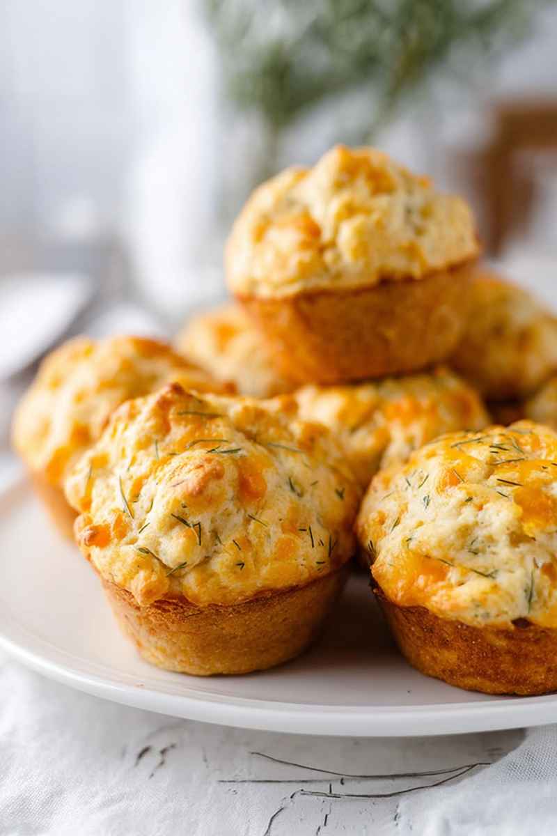 Golden-brown Cheddar Dill Muffins arranged on a white plate, highlighting their crispy tops and fresh dill sprinkles.