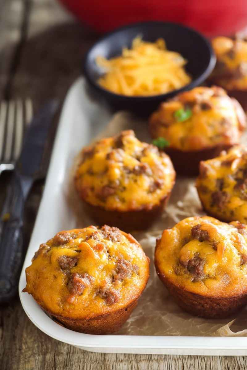 Golden-brown cheeseburger muffins topped with melted cheddar cheese and ground beef, served on a white platter.