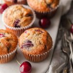 A plate of golden-brown cherry muffins with fresh cherries scattered around, showcasing their homemade appeal.