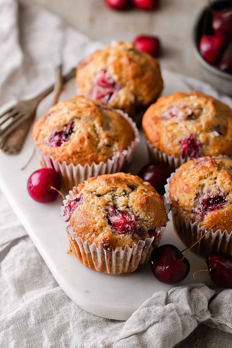 A plate of golden-brown cherry banana muffins with fresh cherries scattered around, showcasing their homemade appeal.