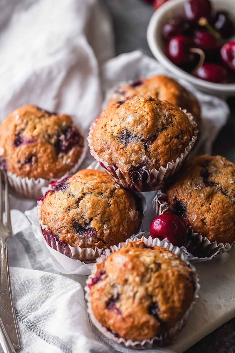 A close-up of golden blueberry muffins with visible blueberries peeking through, placed on a rustic cloth.