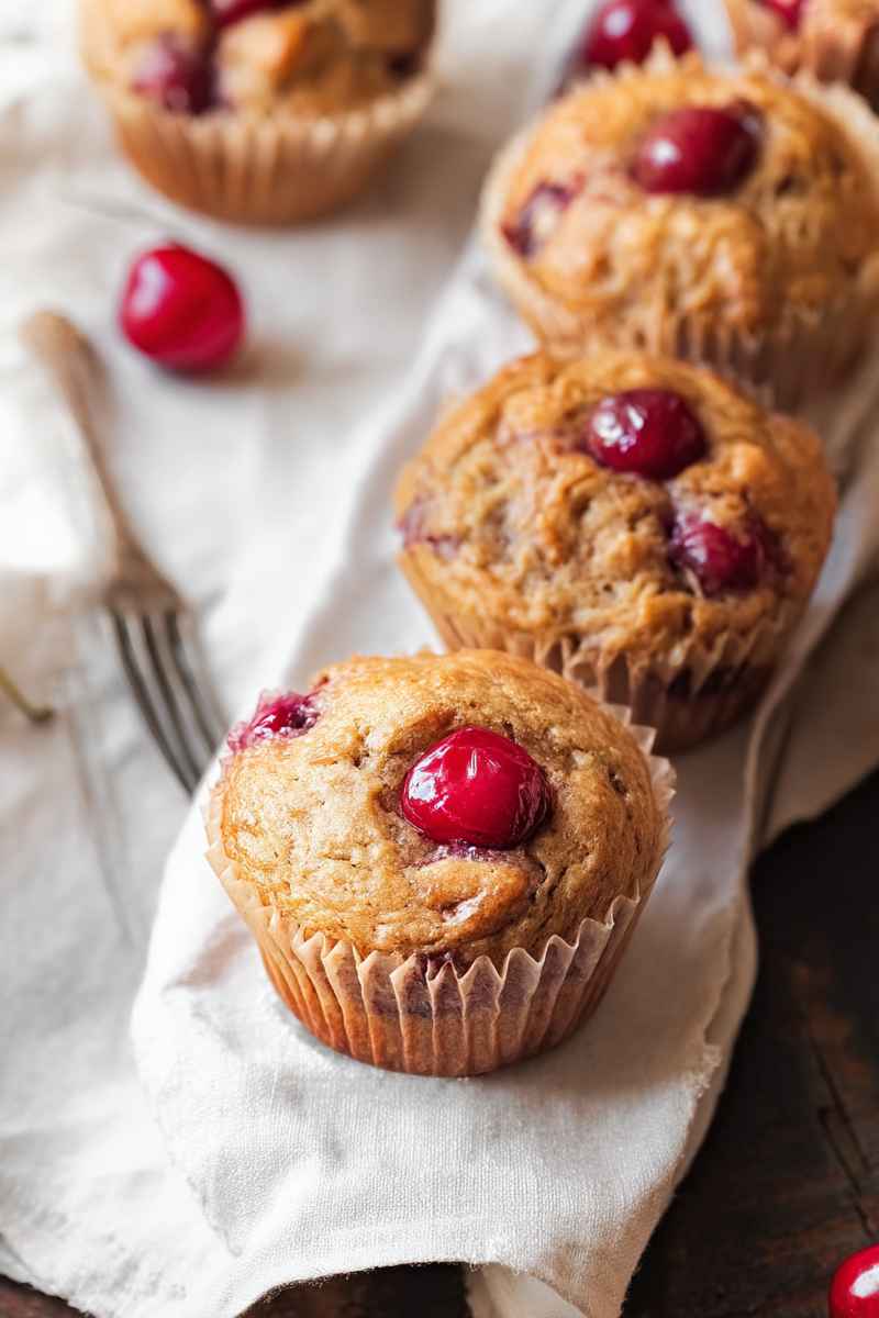 A single muffin topped with a vibrant red cherry, surrounded by more muffins and fresh cherries.