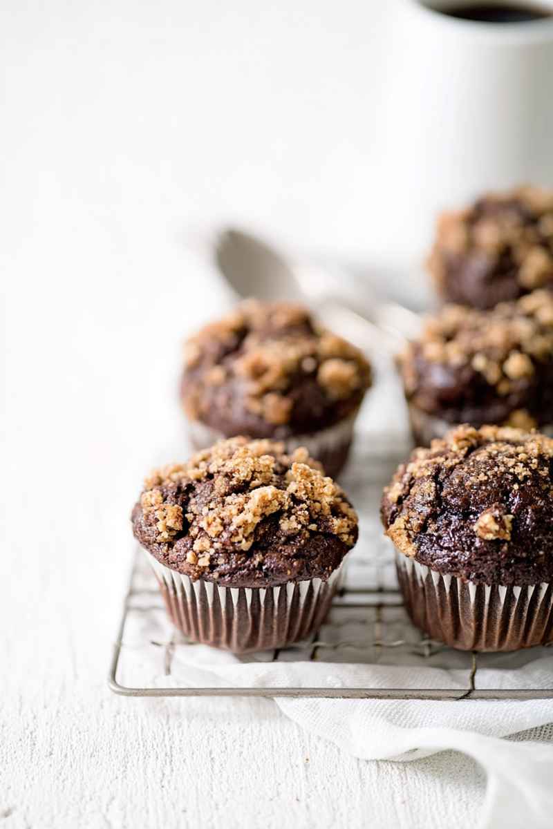 Delicious Chocolate Coffee Toffee Crunch Muffins with a crispy streusel topping, ready to enjoy.