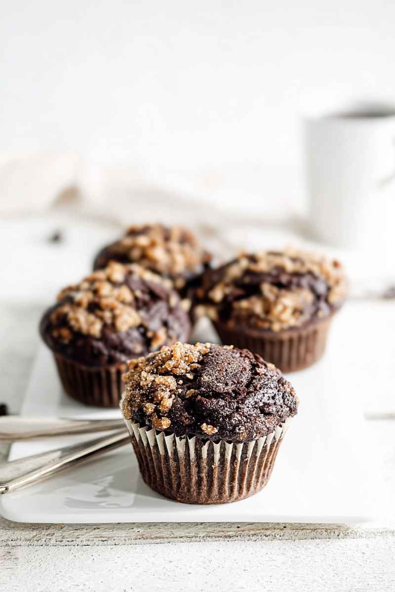 Dark, moist muffins topped with a crunchy toffee streusel, set against a clean, bright background.