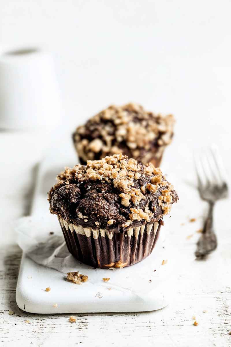 Dark, moist muffins topped with a golden-brown toffee streusel, placed on a white marble board.