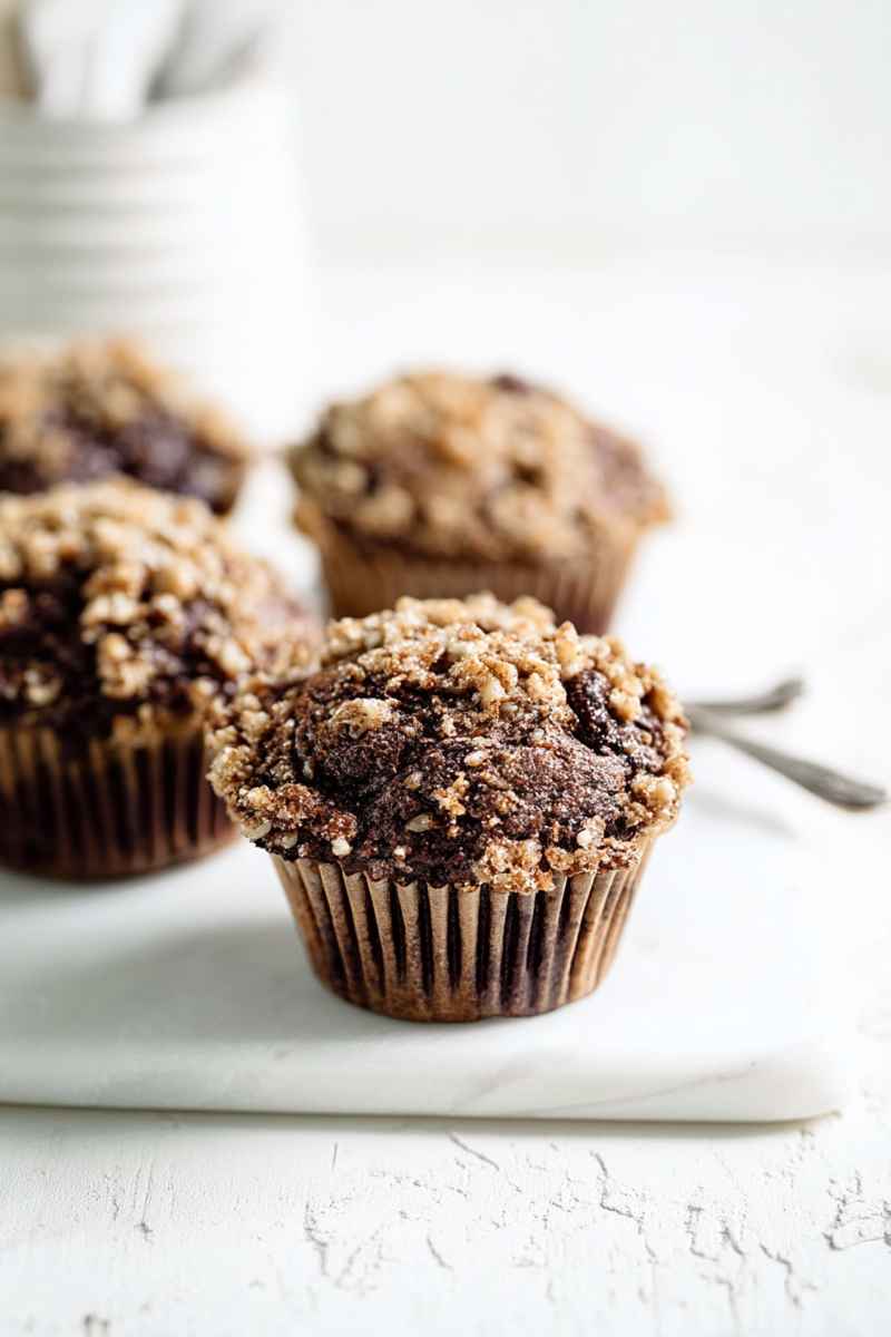 Dark, moist muffins with a golden-brown toffee topping, arranged on a white surface.
