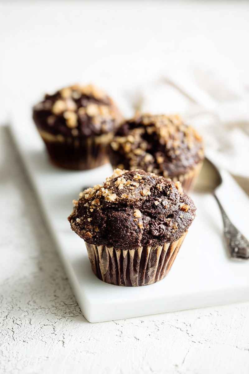 Chocolate Coffee Toffee Crunch Muffins with a crumbly streusel topping, displayed on a marble board.