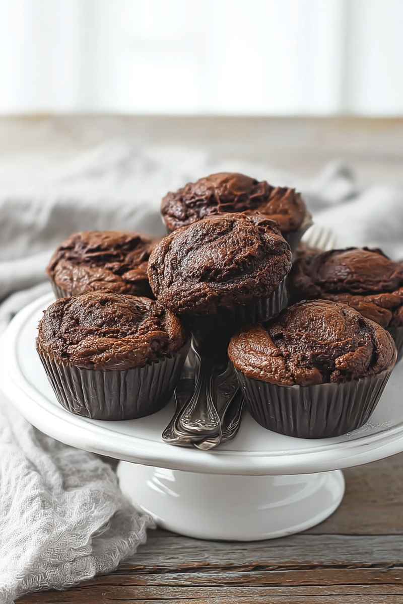 Fluffy chocolate muffins stacked on a cake stand, ready to serve.